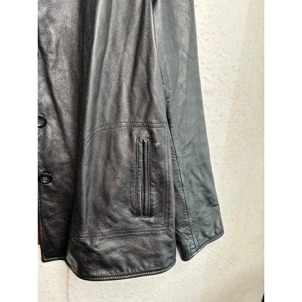 Colebrook & Co Black Leather Jacket Mens XL Button Front Burgundy Lining 8215